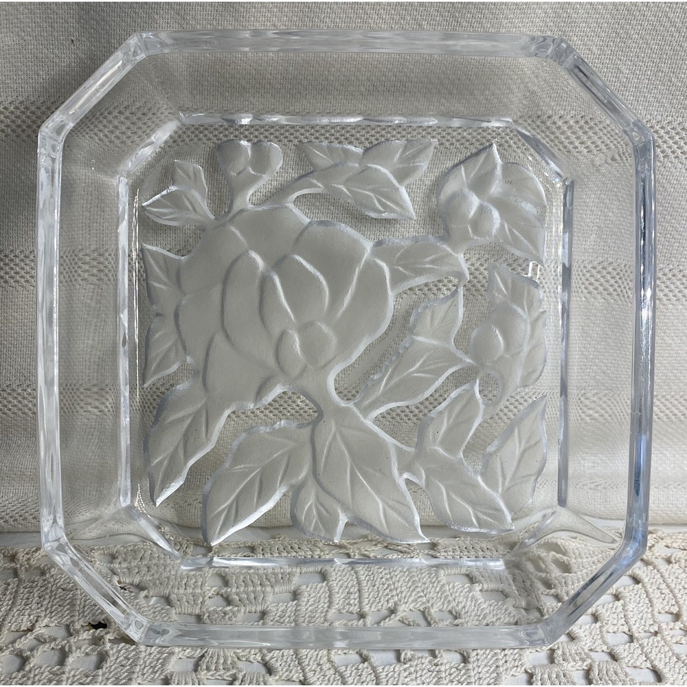 Leaded Crystal Catchall Trinket Dish Octogonal Decorative Pin Tray Floral Motif